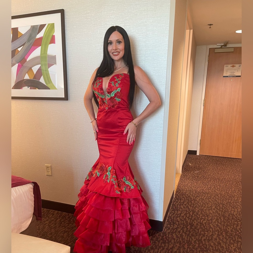 Red Embroidered Mermaid Evening Dress